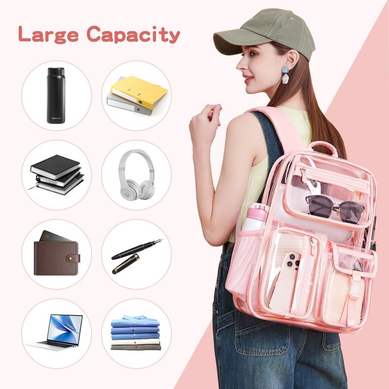 Cusangel Pink See Through Backpack For Women, Clear Backpack Heavy Duty,Clear BookBag,16 x11 x5inch TPU Large Capacity for School,stadium events, Sport Events,Travel,mochila transparente para mujer (Pink) - Image 2